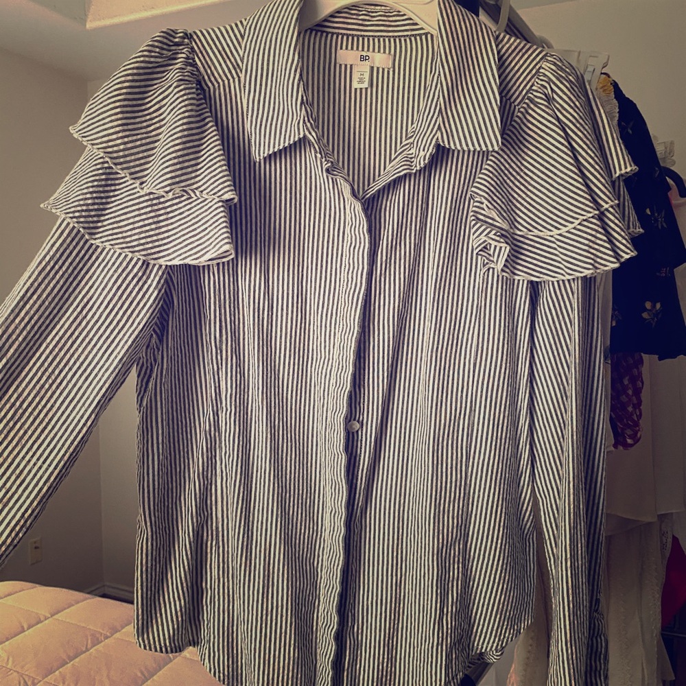 Black and white stripes long fluffy sleeve blouse